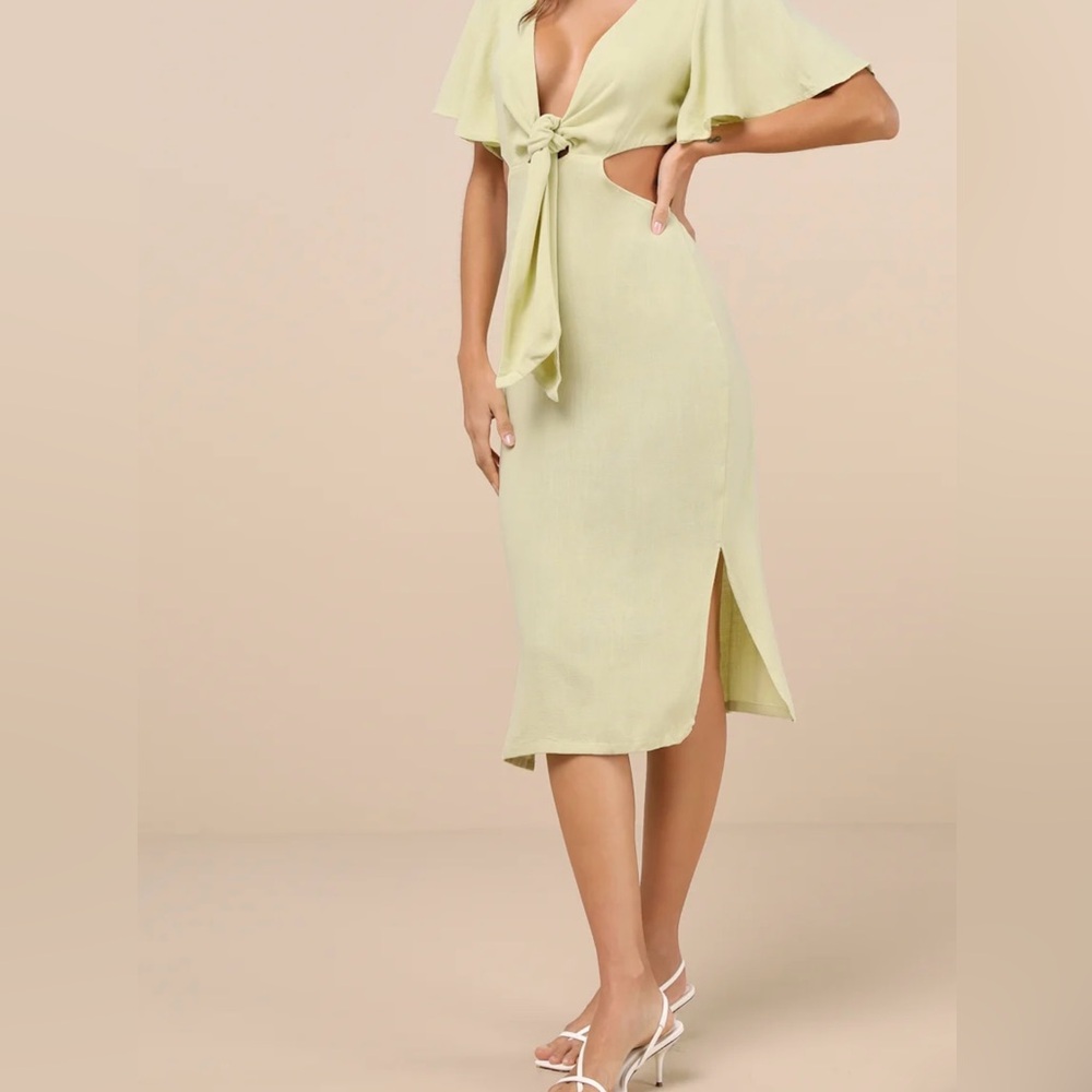 Lulus Summer Journey Light Green Tie Front Cutout Midi Dress XS NWT